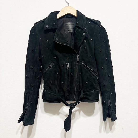 All Saints Jackets & Blazers - All Saints Women's Balfern Genuine Suede Leather Star Studded Embellished Jacket
